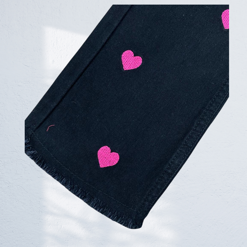 Girls Black Denim Jeans with Pink Heart Print | Wide Leg Frayed Hem | 1Y to 14Y