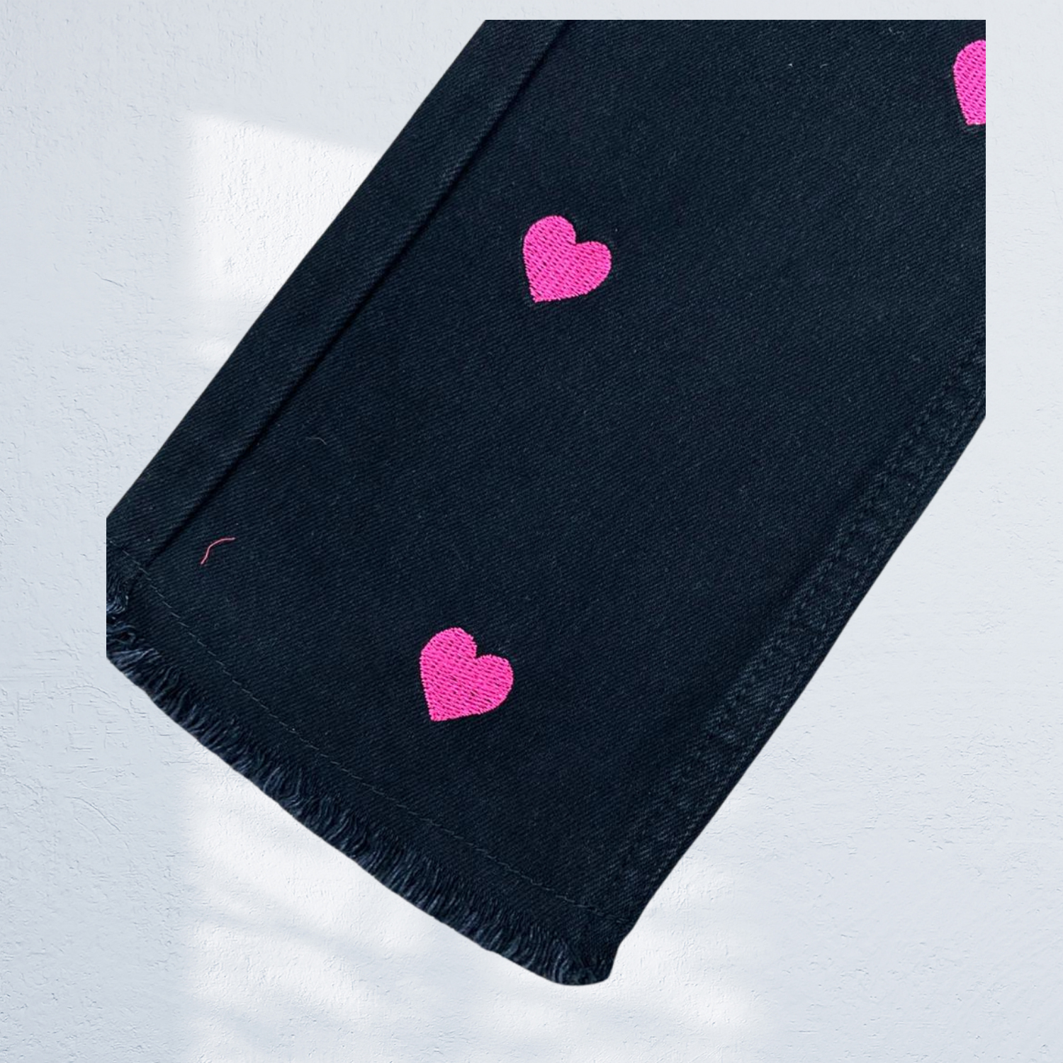 Girls Black Denim Jeans with Pink Heart Print | Wide Leg Frayed Hem | 1Y to 14Y