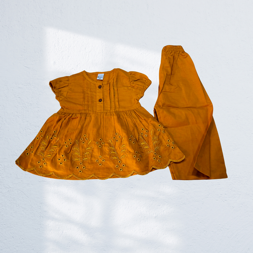 Dark Pink Embroidered Baby Girls 2 Piece Suit | Cotton Lawn Co-ord Set | Mustard Color Available