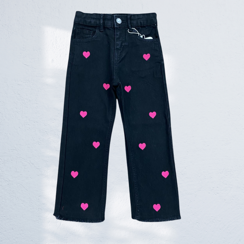 Girls Black Denim Jeans with Pink Heart Print | Wide Leg Frayed Hem | 1Y to 14Y