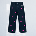 Girls Black Denim Jeans with Pink Heart Print | Wide Leg Frayed Hem | 1Y to 14Y