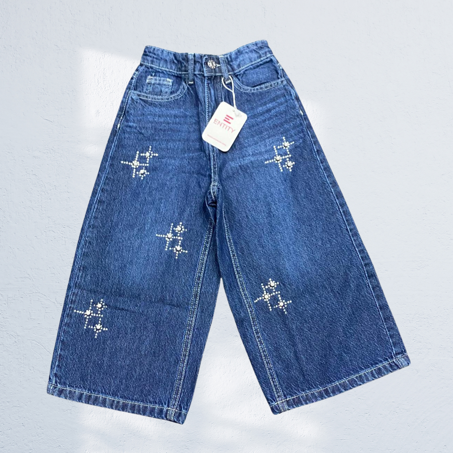 Girls Stone Work Wide Leg Denim Capri | Sky Blue & Dark Blue | 1Y to 14Y