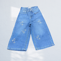 Girls Stone Work Wide Leg Denim Capri | Sky Blue & Dark Blue | 1Y to 14Y