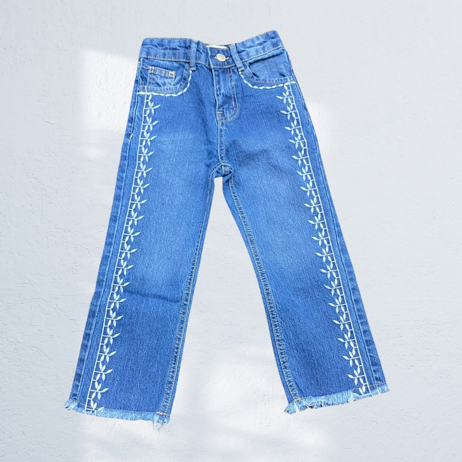 Girls Embroidered Straight Denim Jeans | Frayed Hem | Blue & Navy Blue | 1Y to 14Y