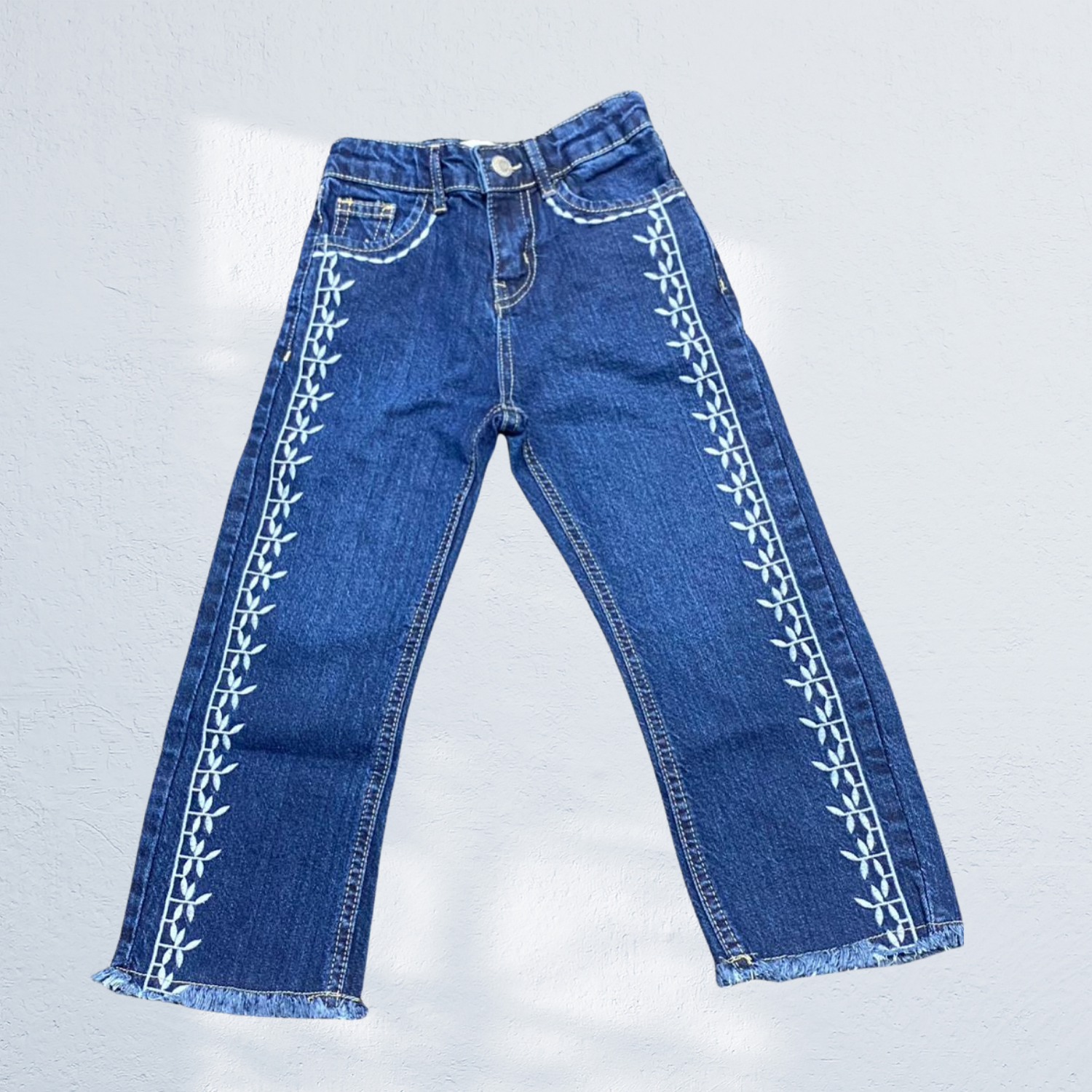 Girls Embroidered Straight Denim Jeans | Frayed Hem | Blue & Navy Blue | 1Y to 14Y