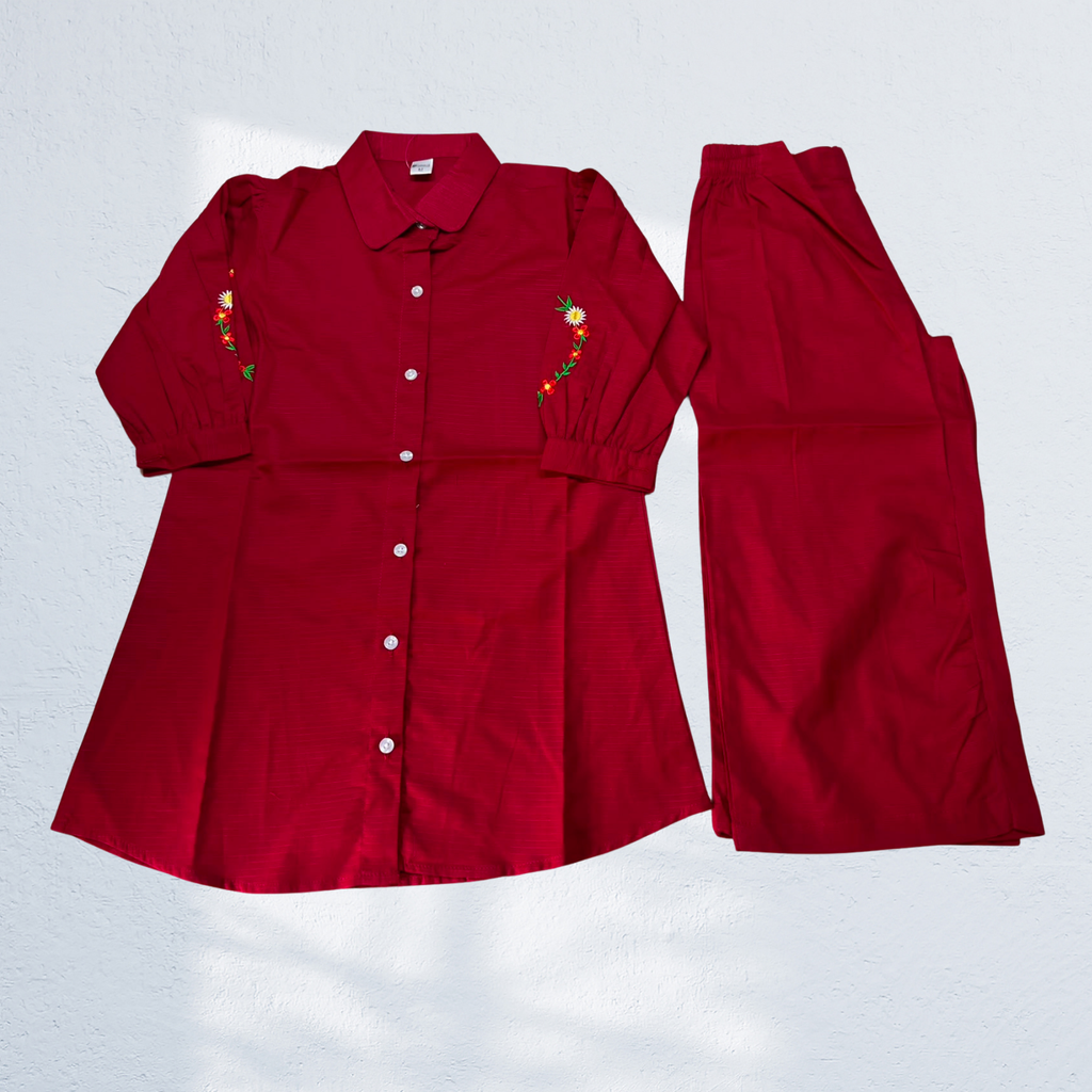Girls Embroidered 2-Piece Co-ord Set | Kurti with Palazzo | Red Black Mustard | 6Y to 14Y