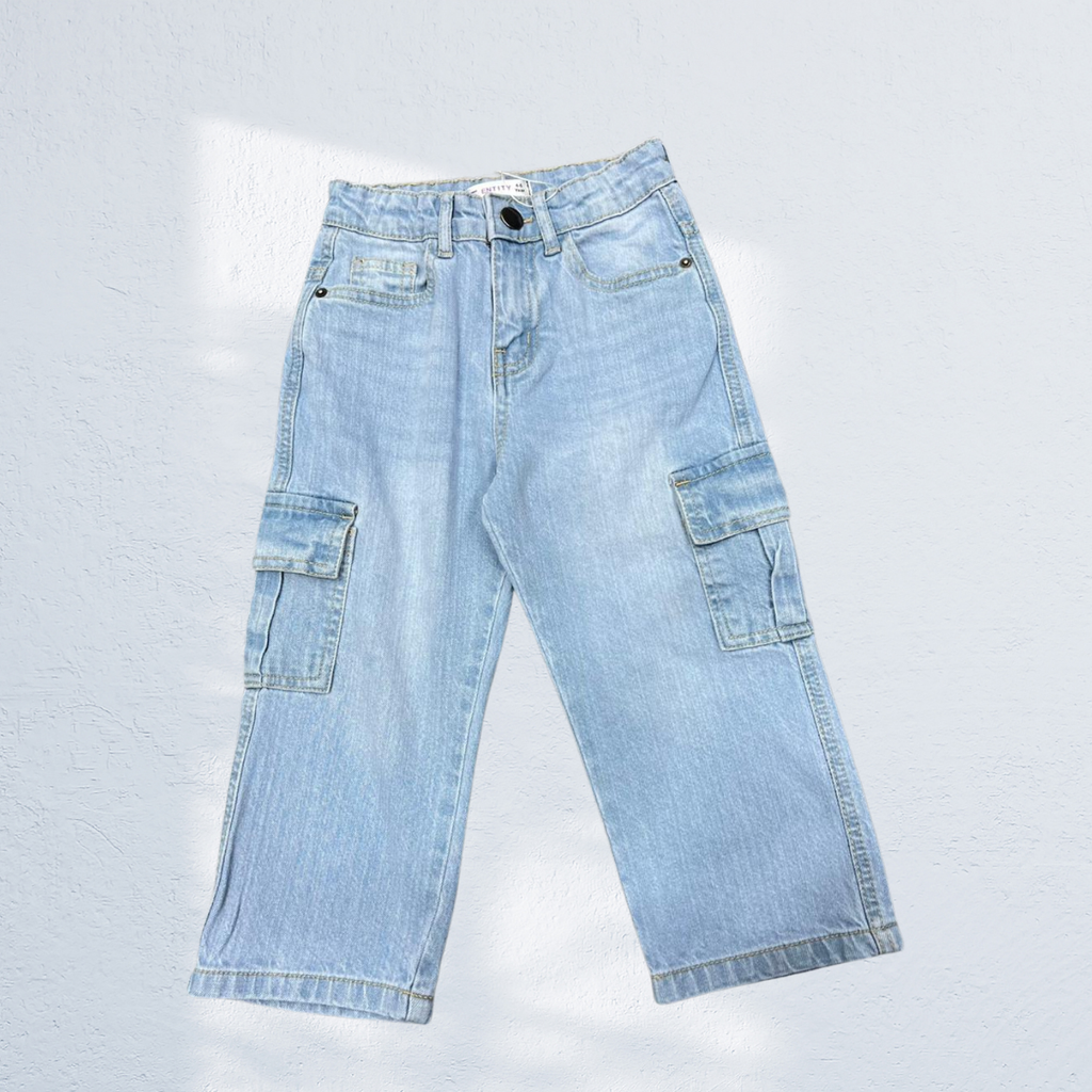 Boys Cargo Denim Capri Jeans | Side Pockets | Navy Blue & Light Blue | 1Y to 14Y