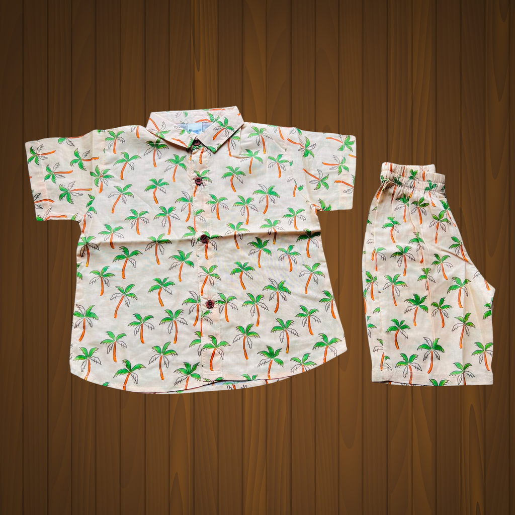 Boys Printed 2-Piece Co-ord Set | Shirt with Shorts | Car Print | Mustard Sky Cream | 1Y to 6Y