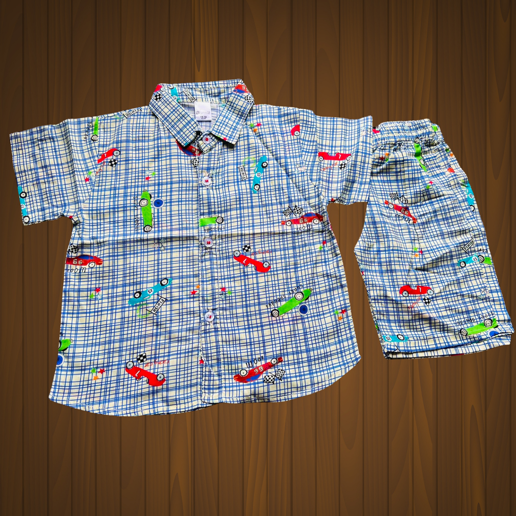 Boys Printed 2-Piece Co-ord Set | Shirt with Shorts | Car Print | Mustard Sky Cream | 1Y to 6Y