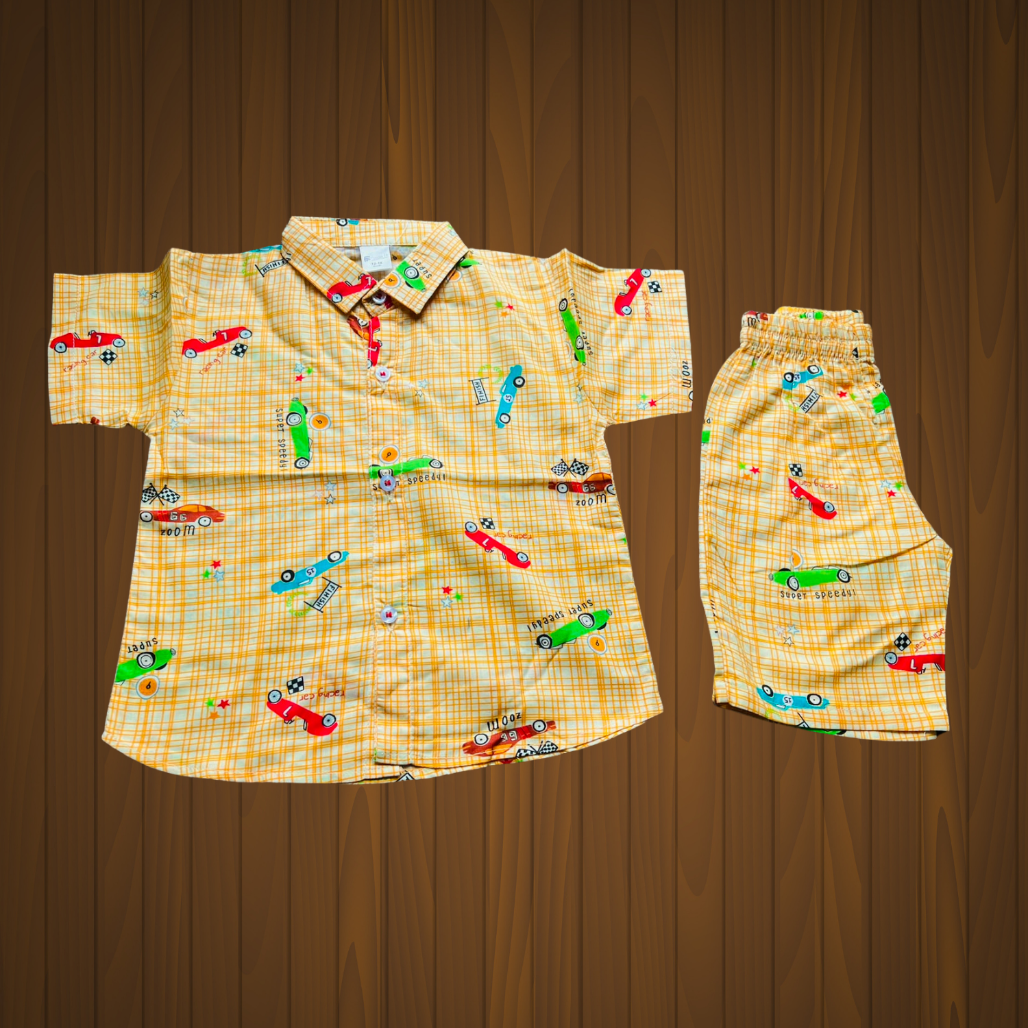 Boys Printed 2-Piece Co-ord Set | Shirt with Shorts | Car Print | Mustard Sky Cream | 1Y to 6Y